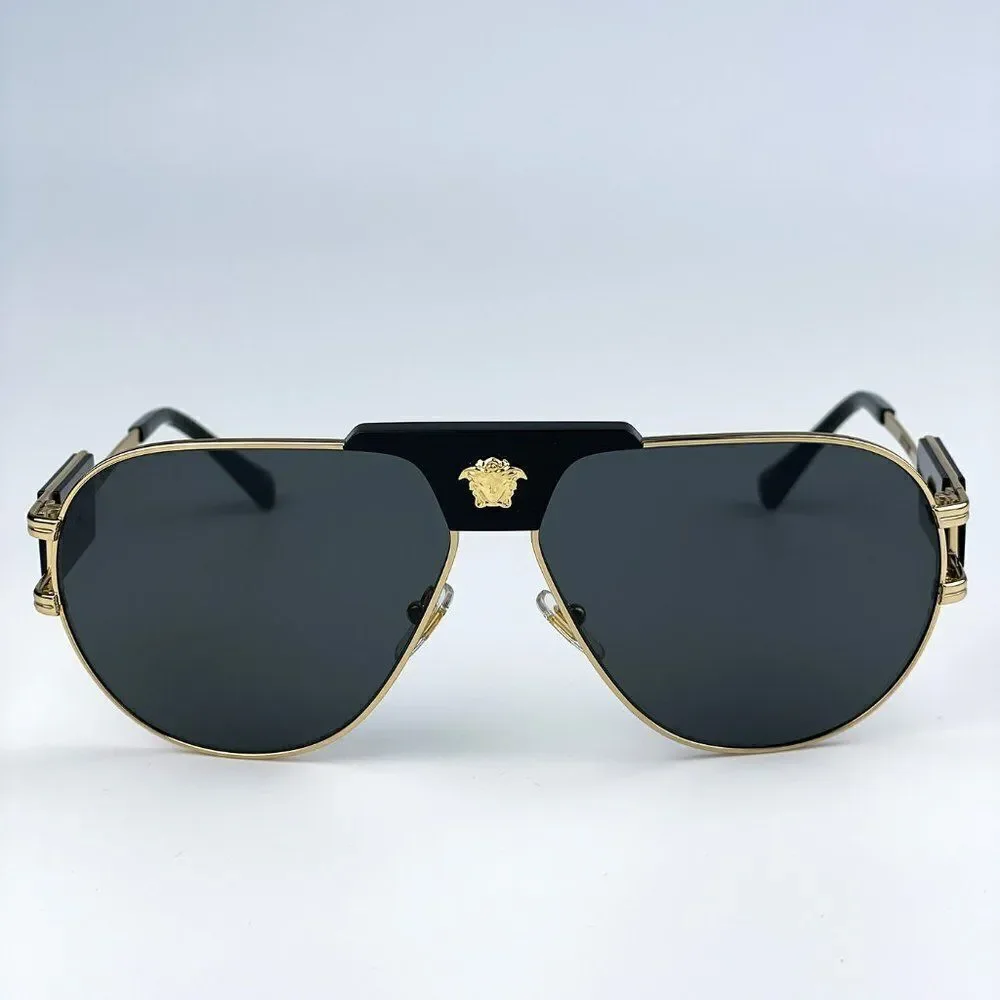 NEW Versace VE2252 100287 BRAND NEW Gold Dark Grey Metal Pilot Unisex Sunglasses